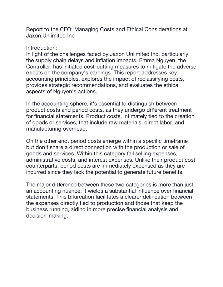 CFO Report - Managing Costs and Ethical Considerations at Jaxon Unlimited Inc