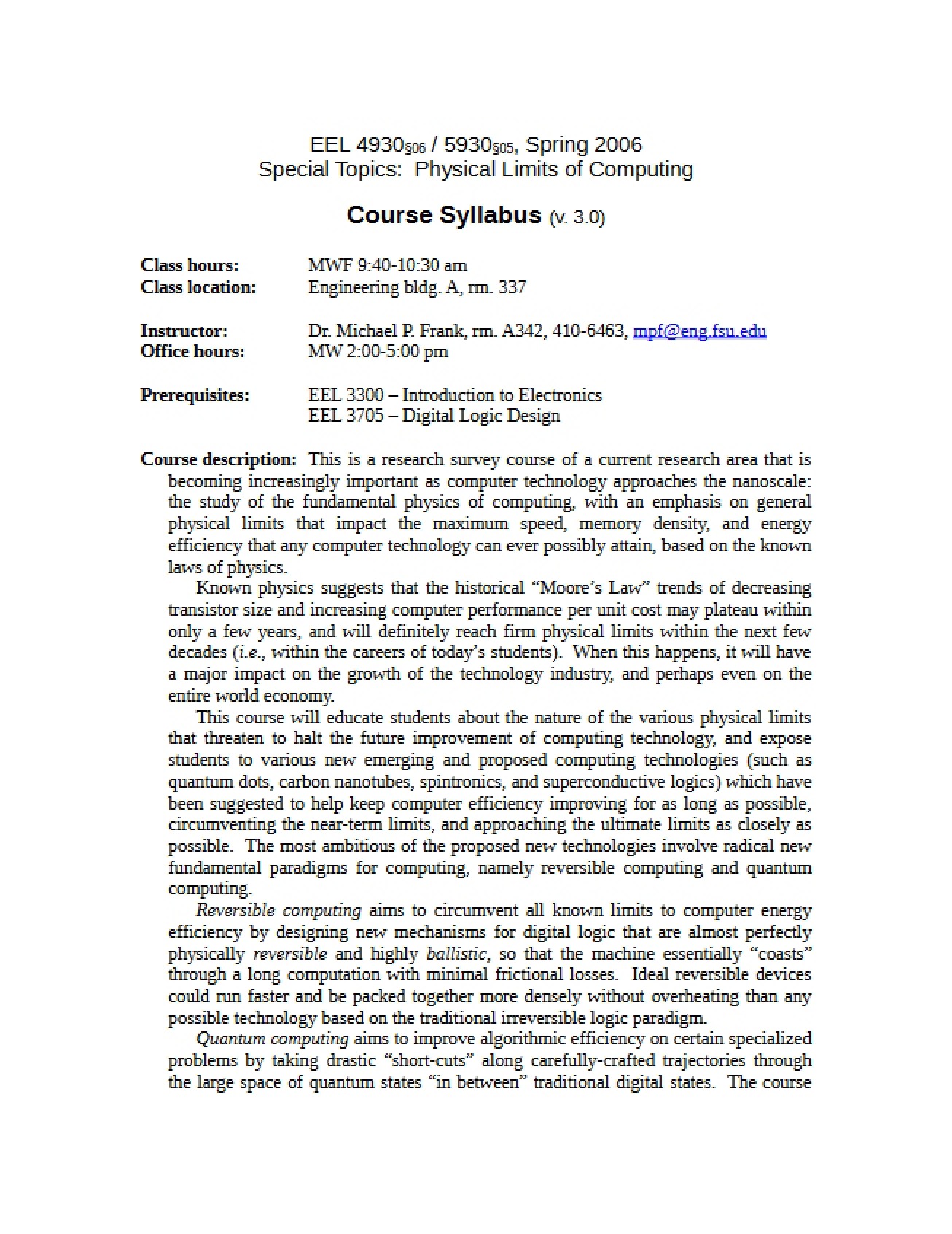 Syllabus for Special Topics in Electrical Engineering