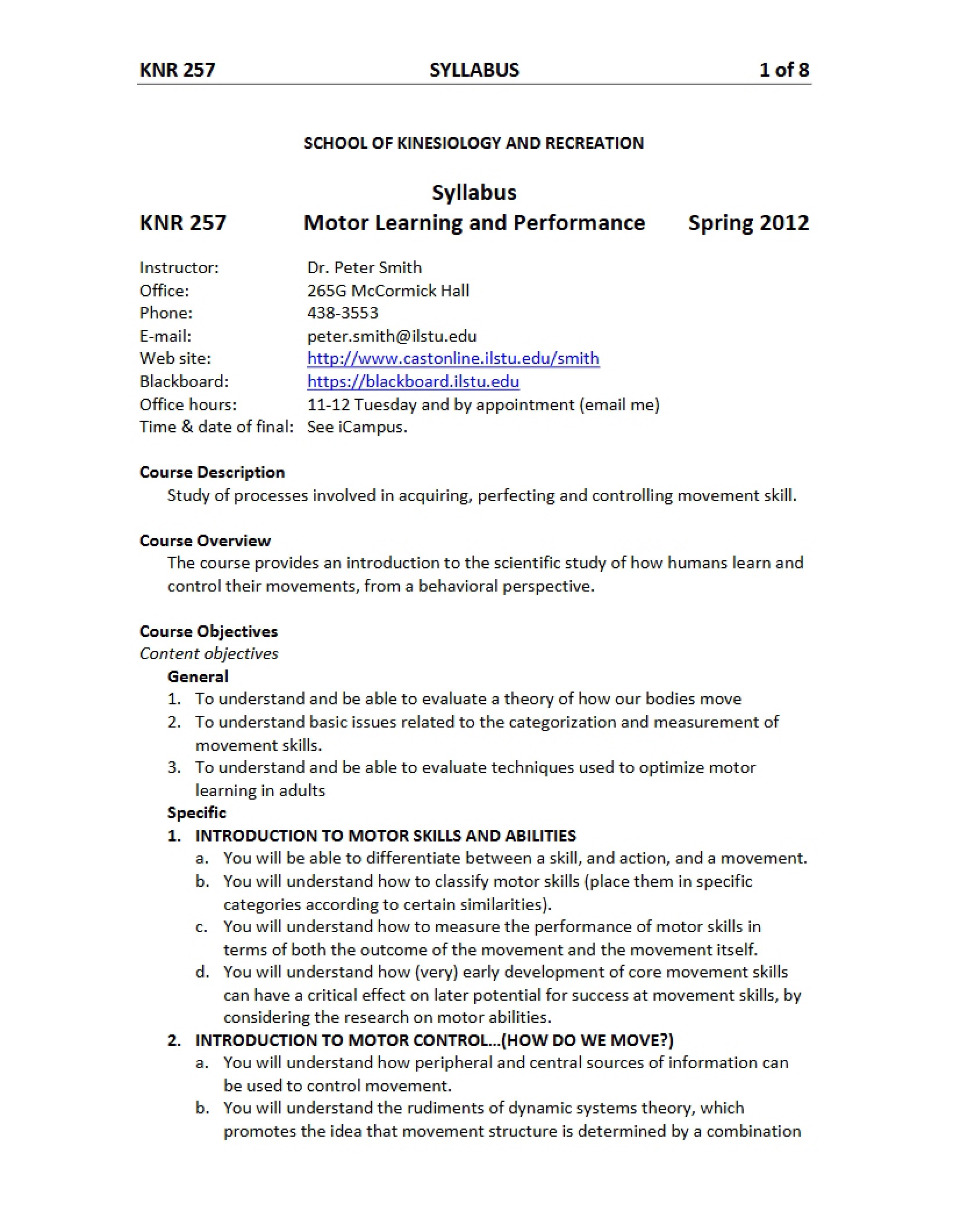 Motor Learning Course Syllabus