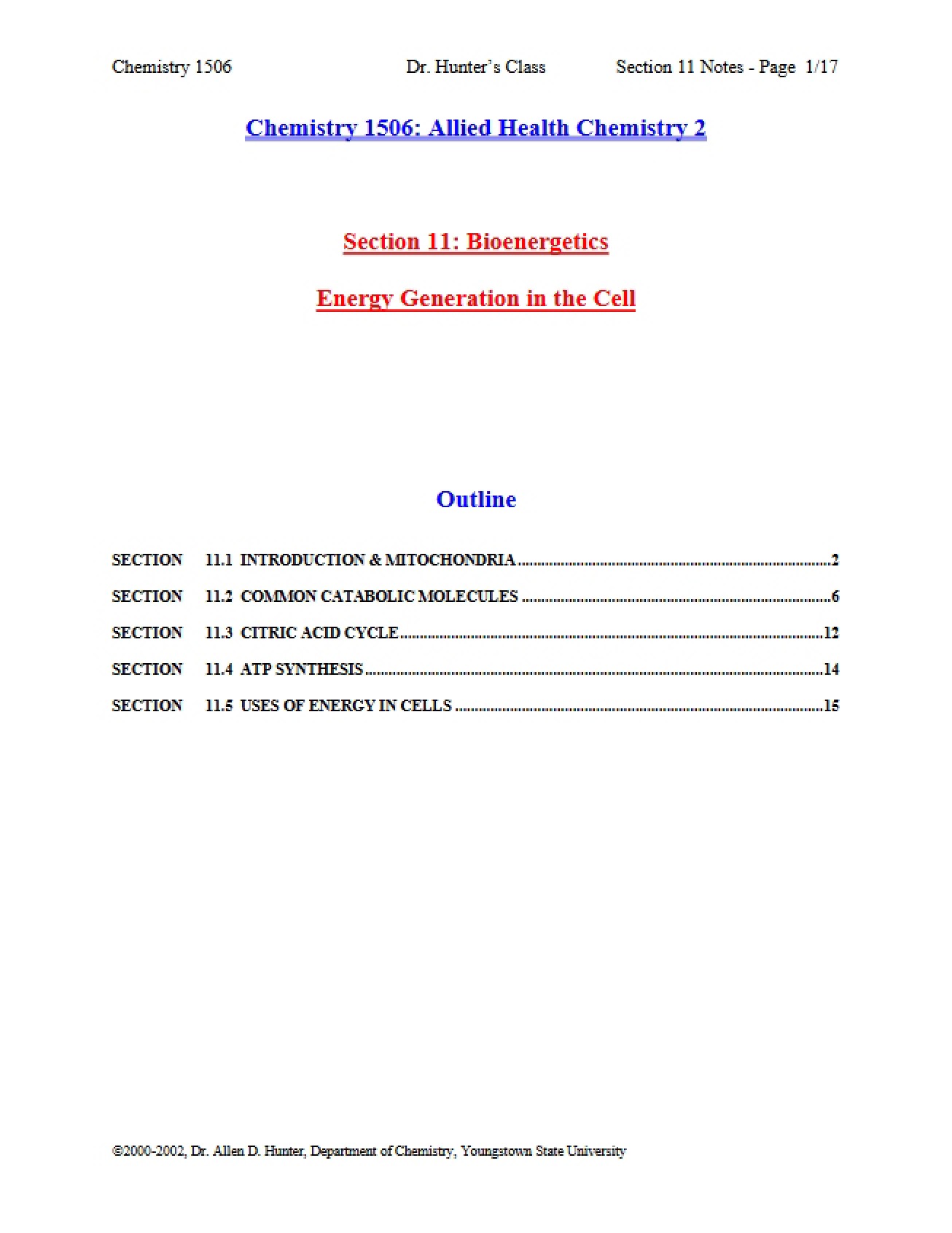 Cell Energy Generation Bioenergetics (Section 11)
