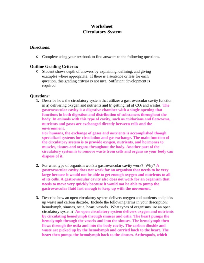 Worksheet on the Circulatory System