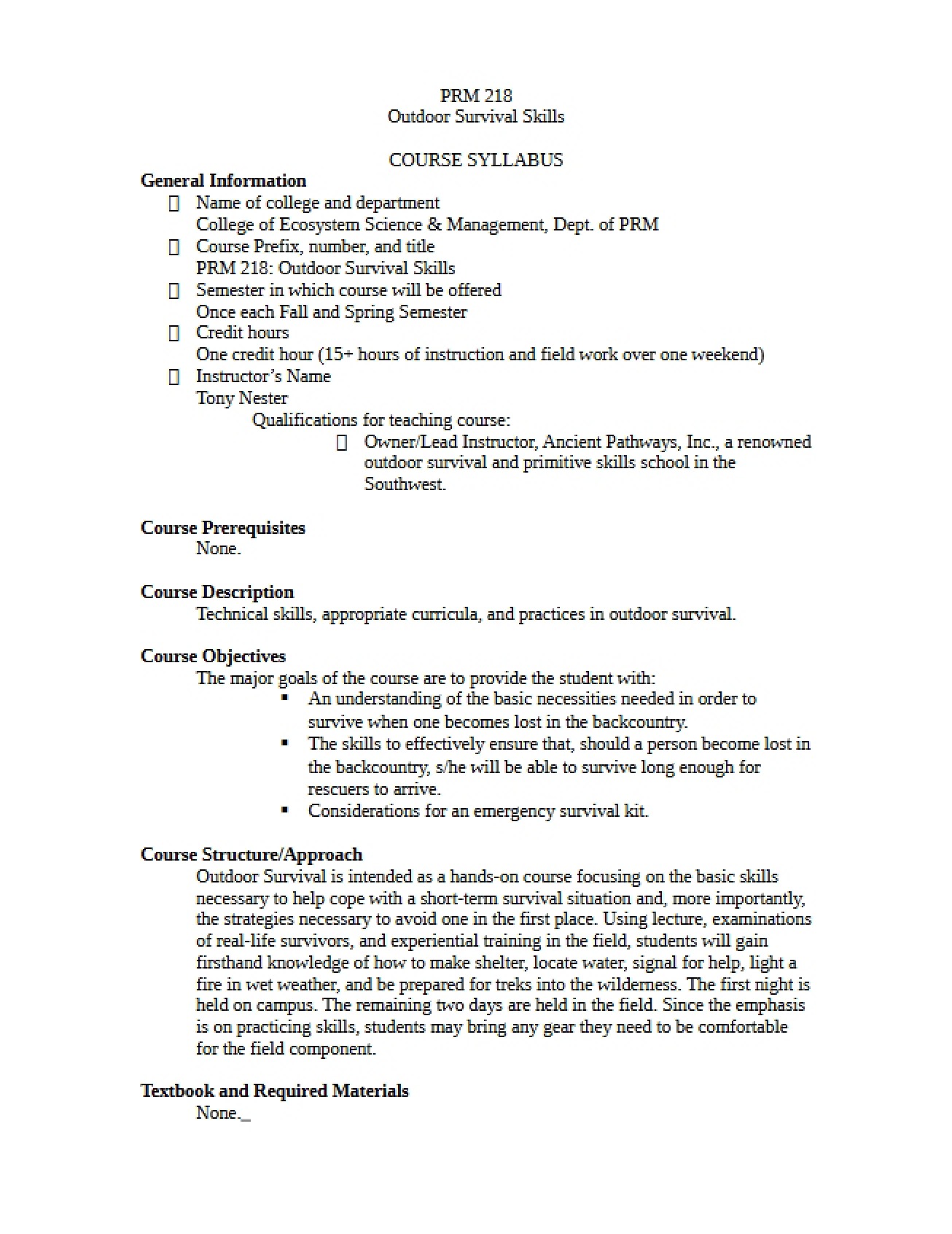 Survival Skills Course Outline
