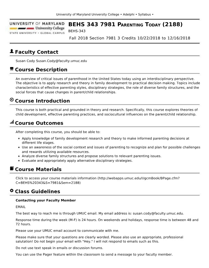 Syllabus for BEHS 343 Parenting Today