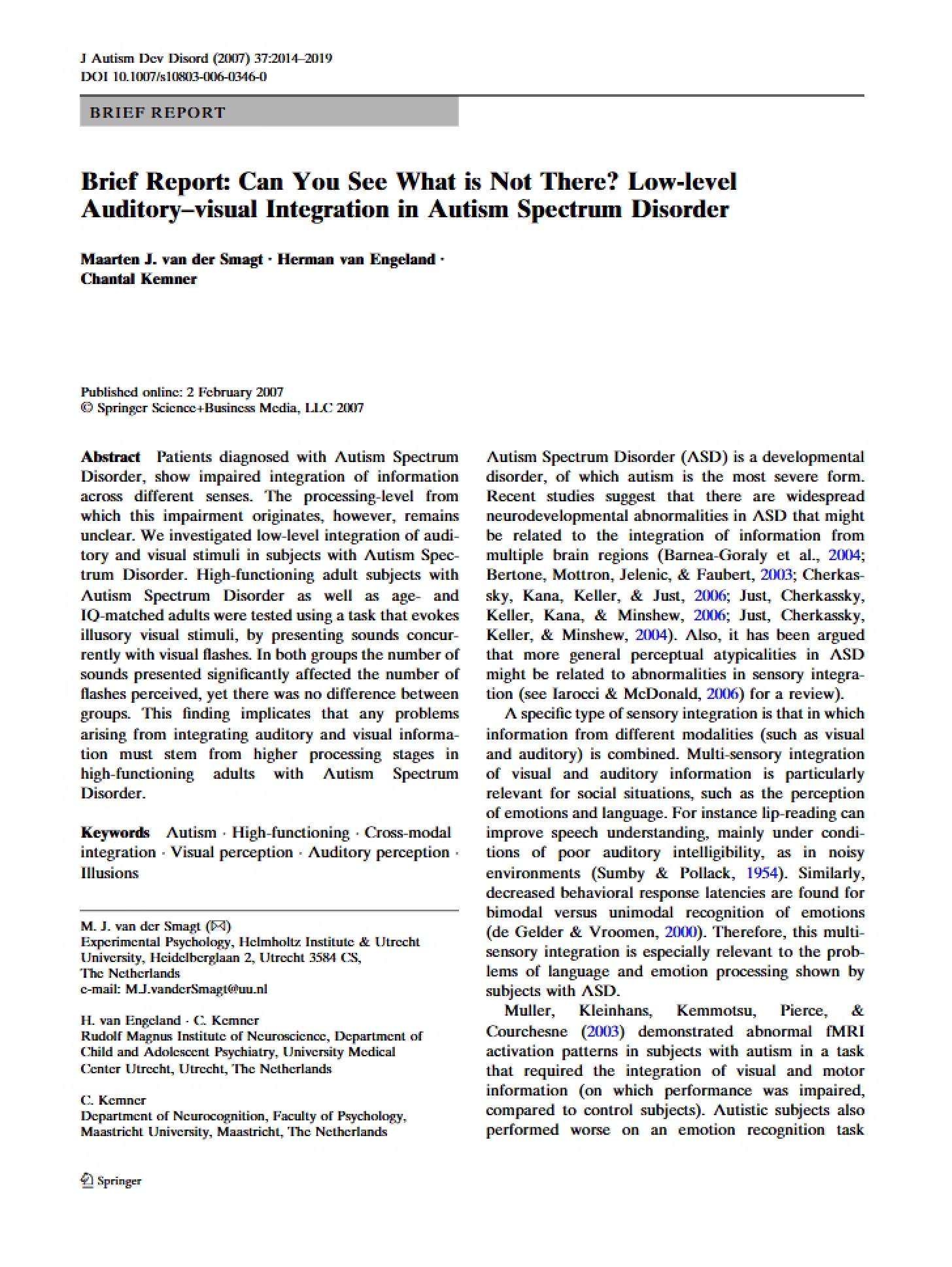 Autism Spectrum Disorder Low-Level Auditory-Visual Integration