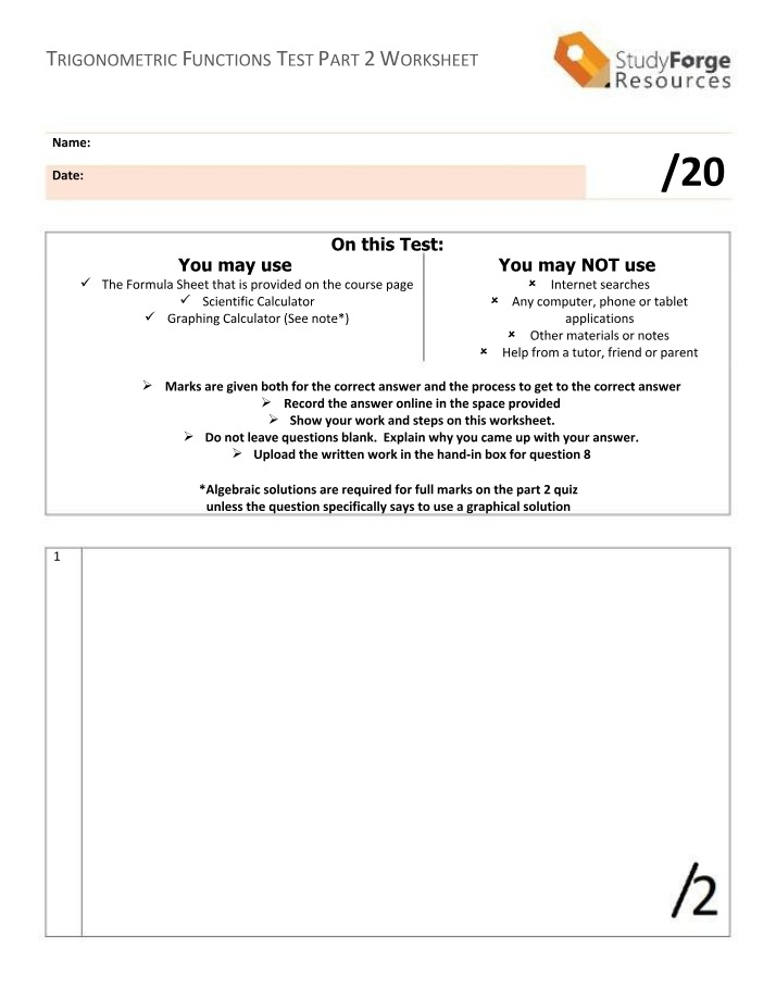 Practice Worksheet for Trigonometric Functions Test Part 2