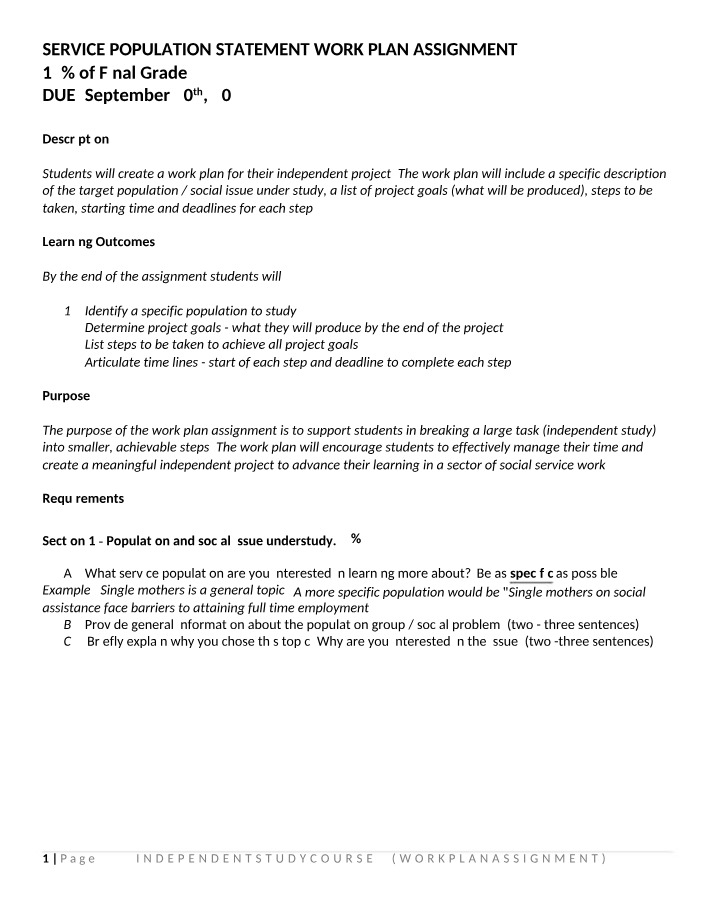 Work Plan Assignment for Service Population Statement