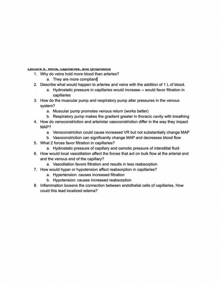Veins, Capillaries, and Lymphatics - Lecture Notes