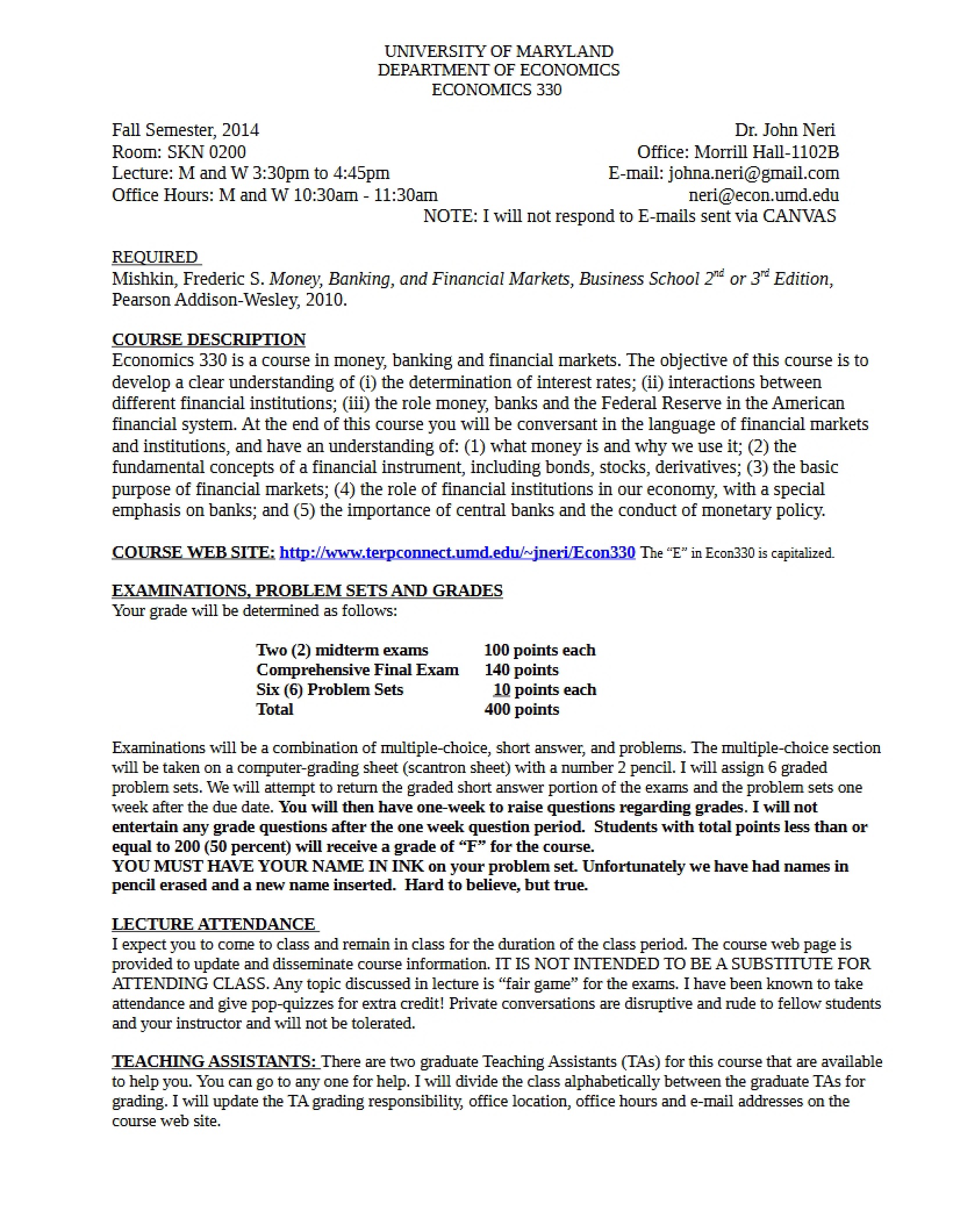 ECON 330 Course Syllabus