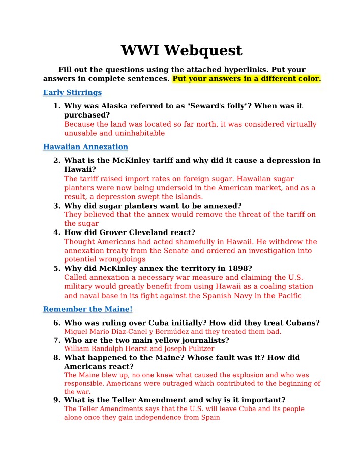 Webquest on WWI