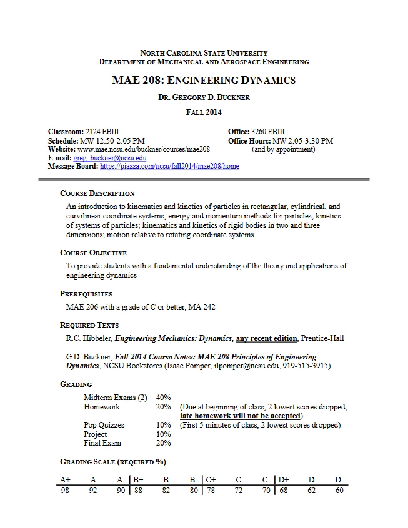 Syllabus for Engineering Dynamics - Engineering Dynamics
