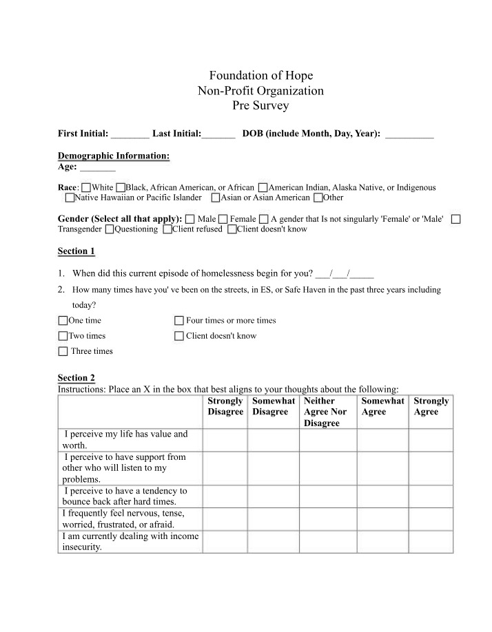 Pre and Post Survey for Foundation of Hope Non-Profit