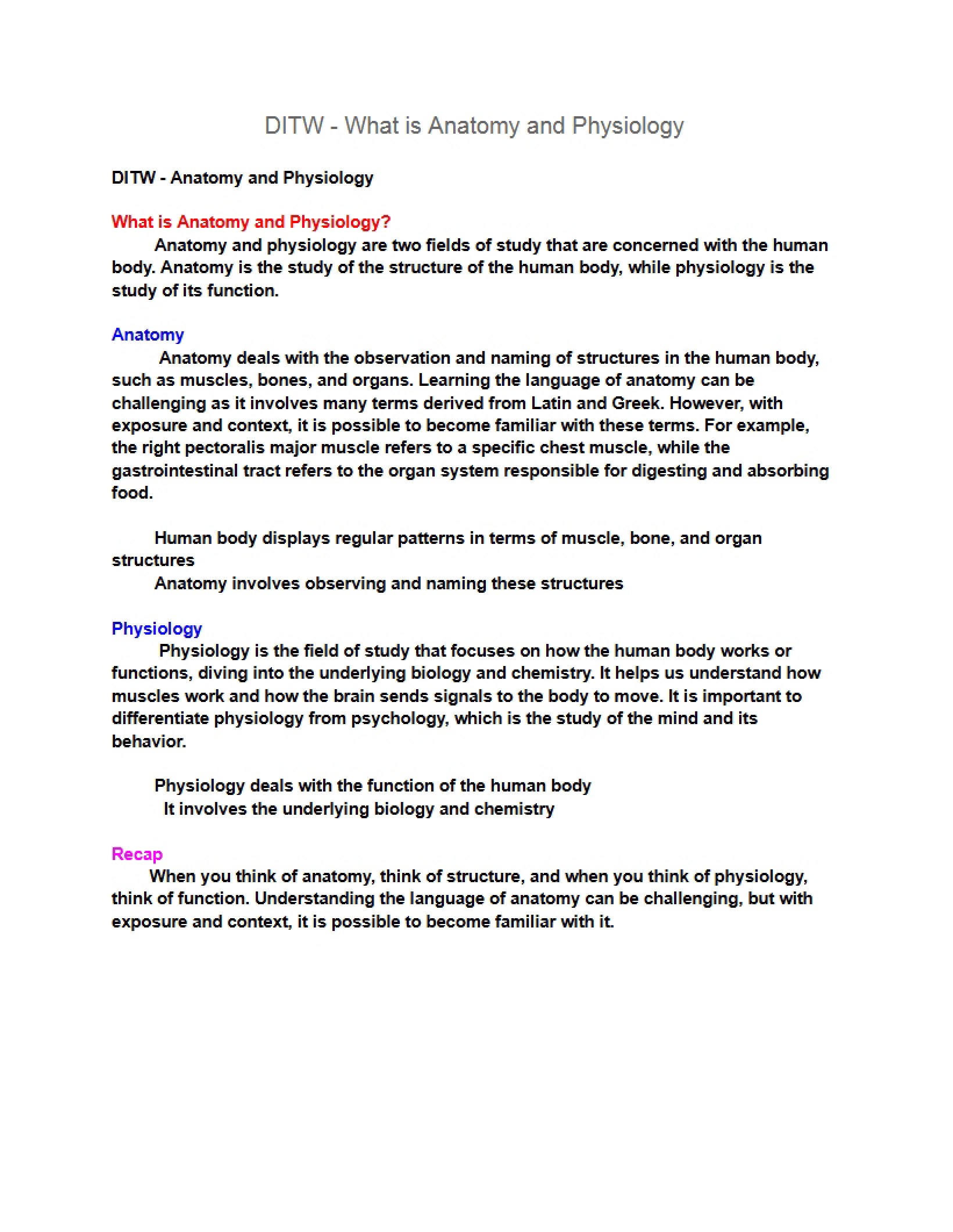 Anatomy and Physiology Overview (DITW)