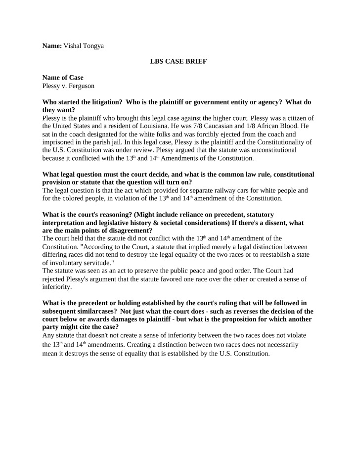 Case Brief on Plessy v. Ferguson
