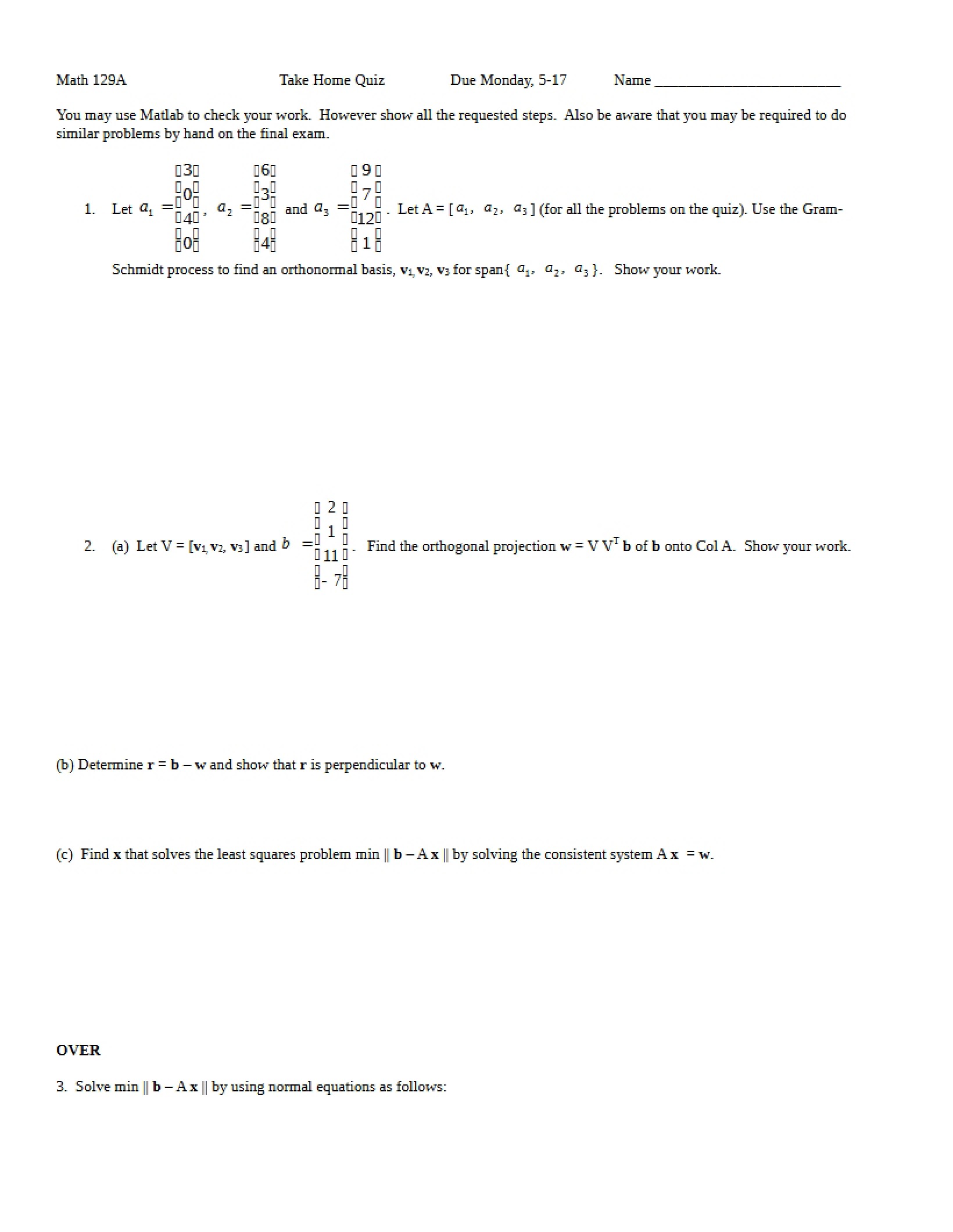 Linear Algebra Quiz (Take Home)
