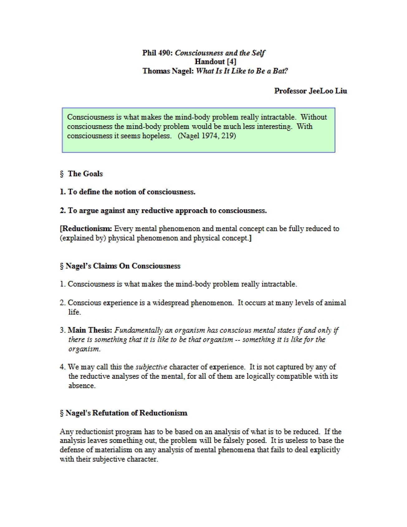 Handout Consciousness and the Self I
