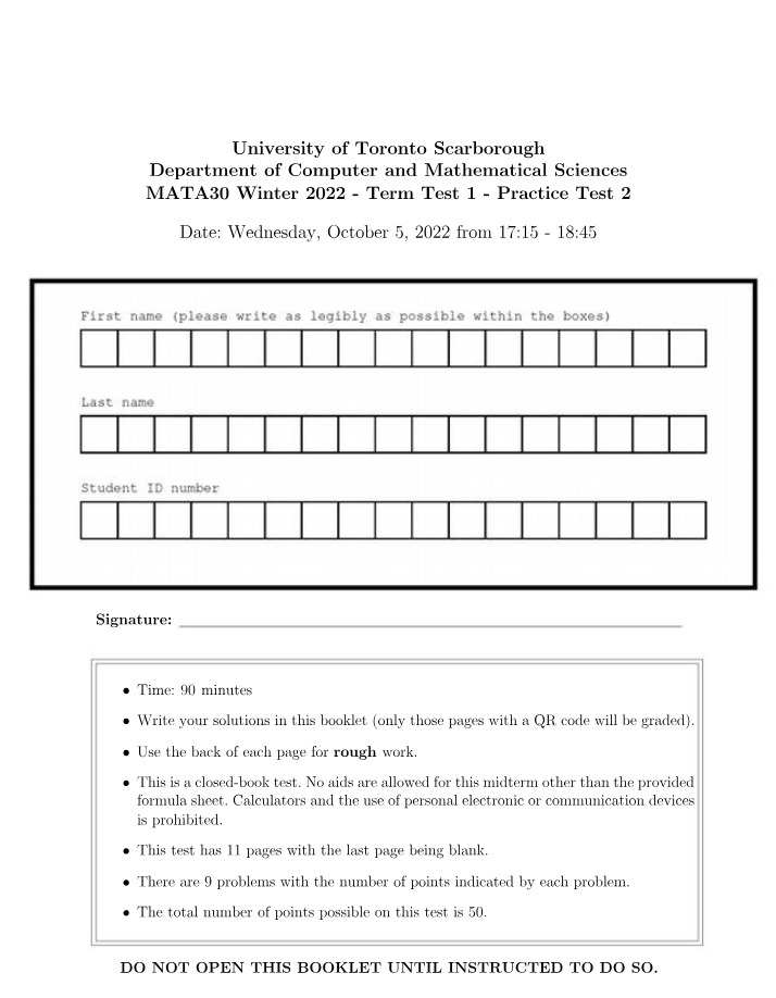 MATA30 Term Test 1 Practice - Functions and Limits