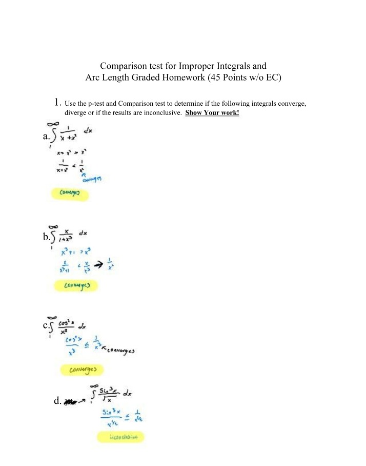 Graded Homework - Comparison Test for Improper Integrals and Arc Length