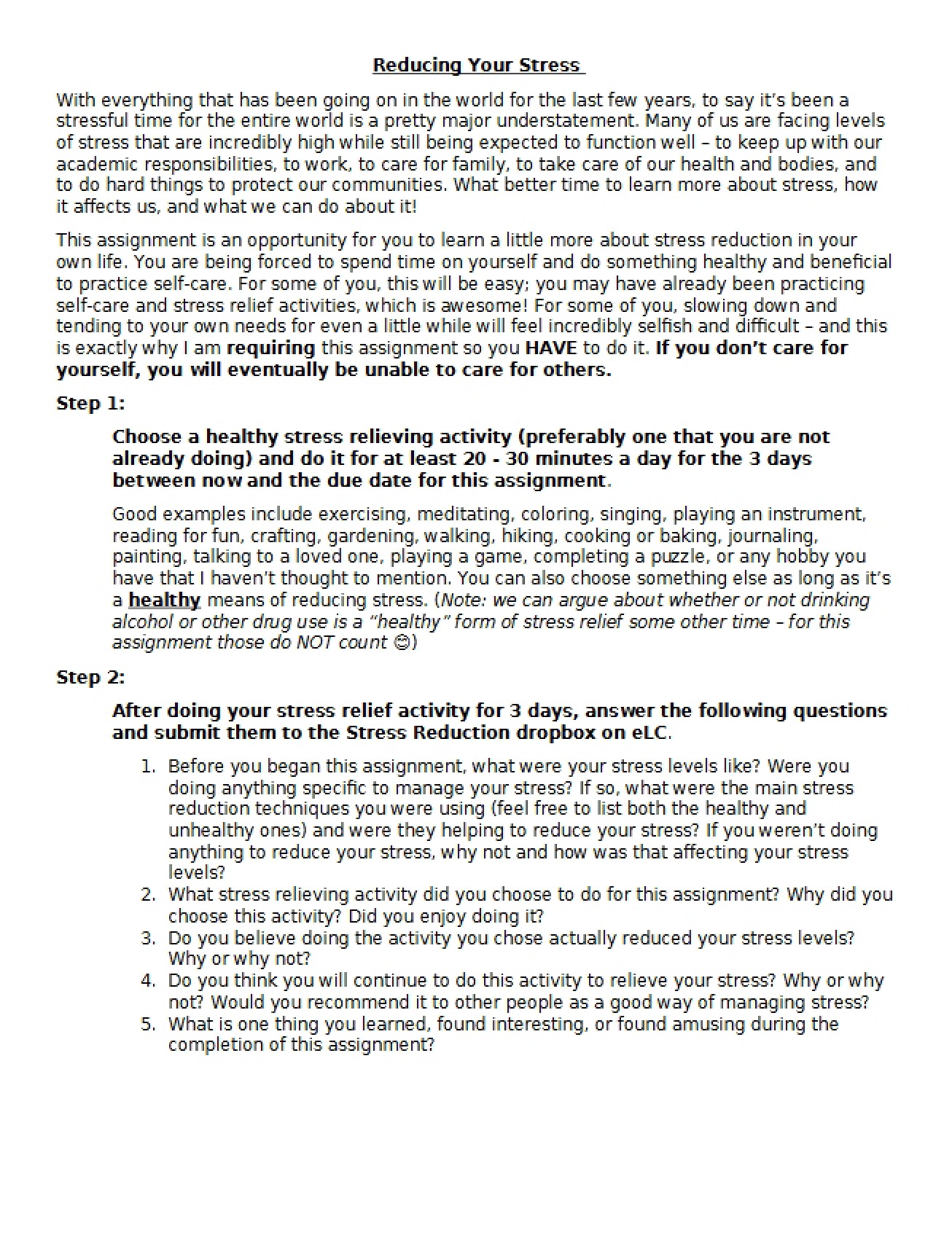 Homework on Reducing Stress