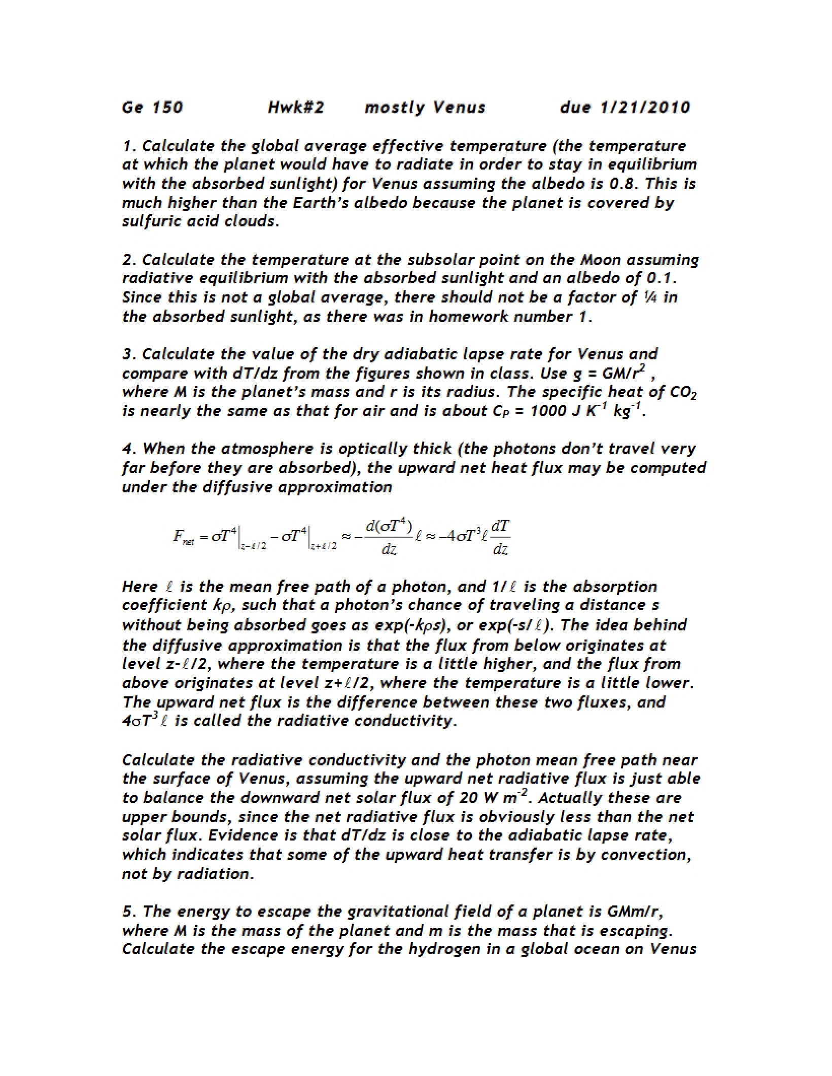 Planetary Atmospheres Homework 2