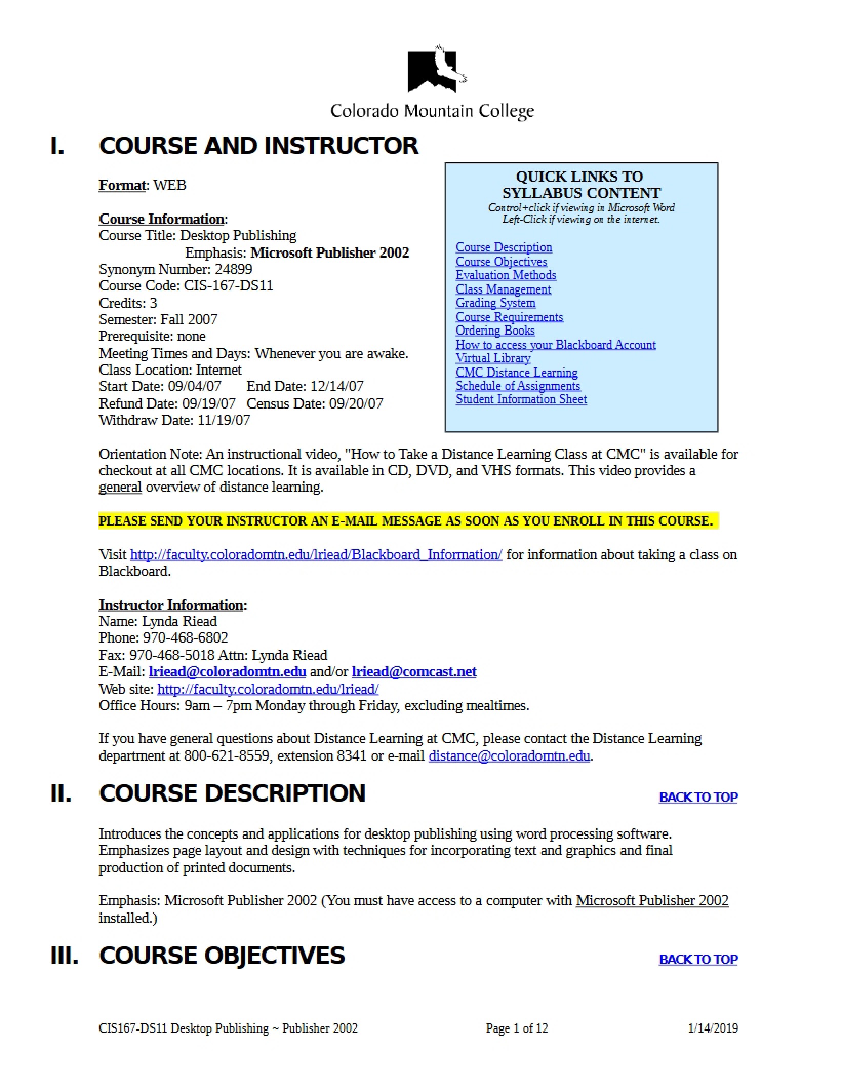 Class Syllabus Desktop Publishing