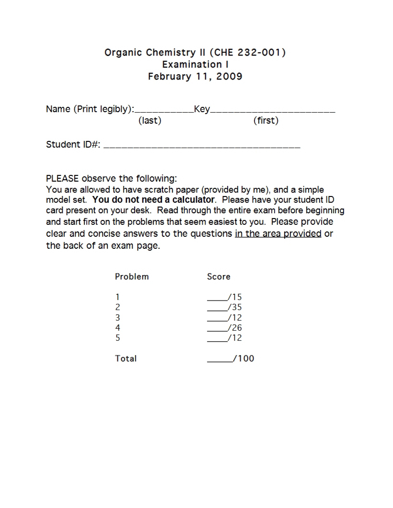 First Exam in CHE 232