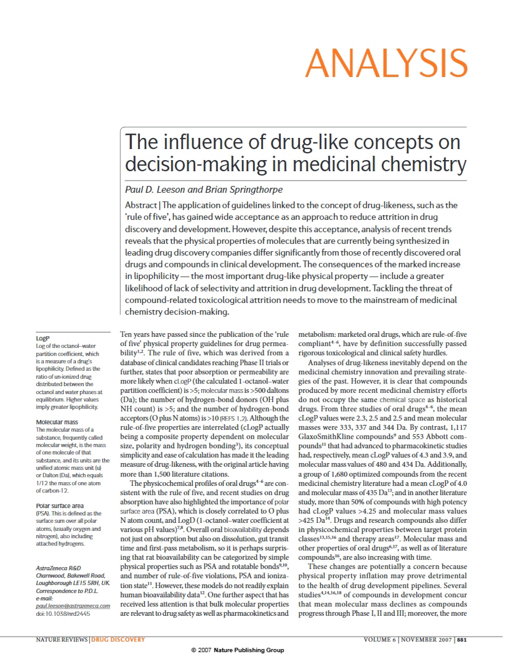 Medicinal Chemistry Decision Making Influence of Drug-Like Concepts