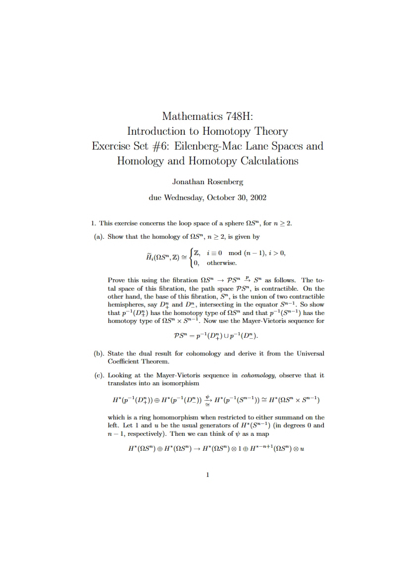 Set 6 Homology, Homotopy, and Eilenberg-Mac Lane Spaces