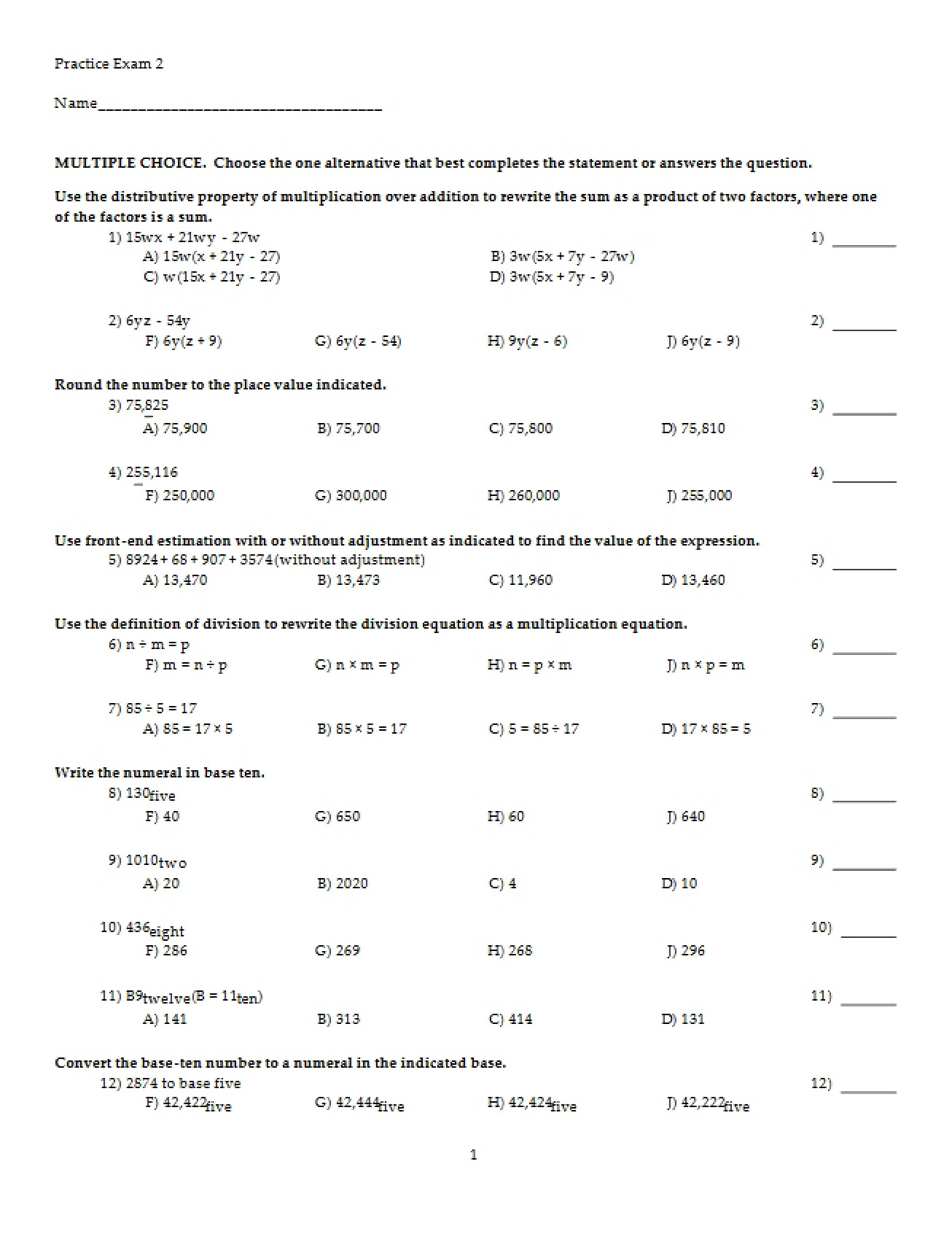 Practice Exam Two for MATH 2008
