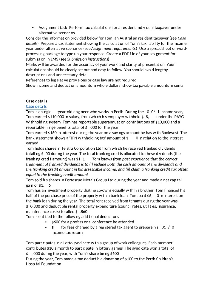 Tax Calculation Assignment for Resident Individual Taxpayers