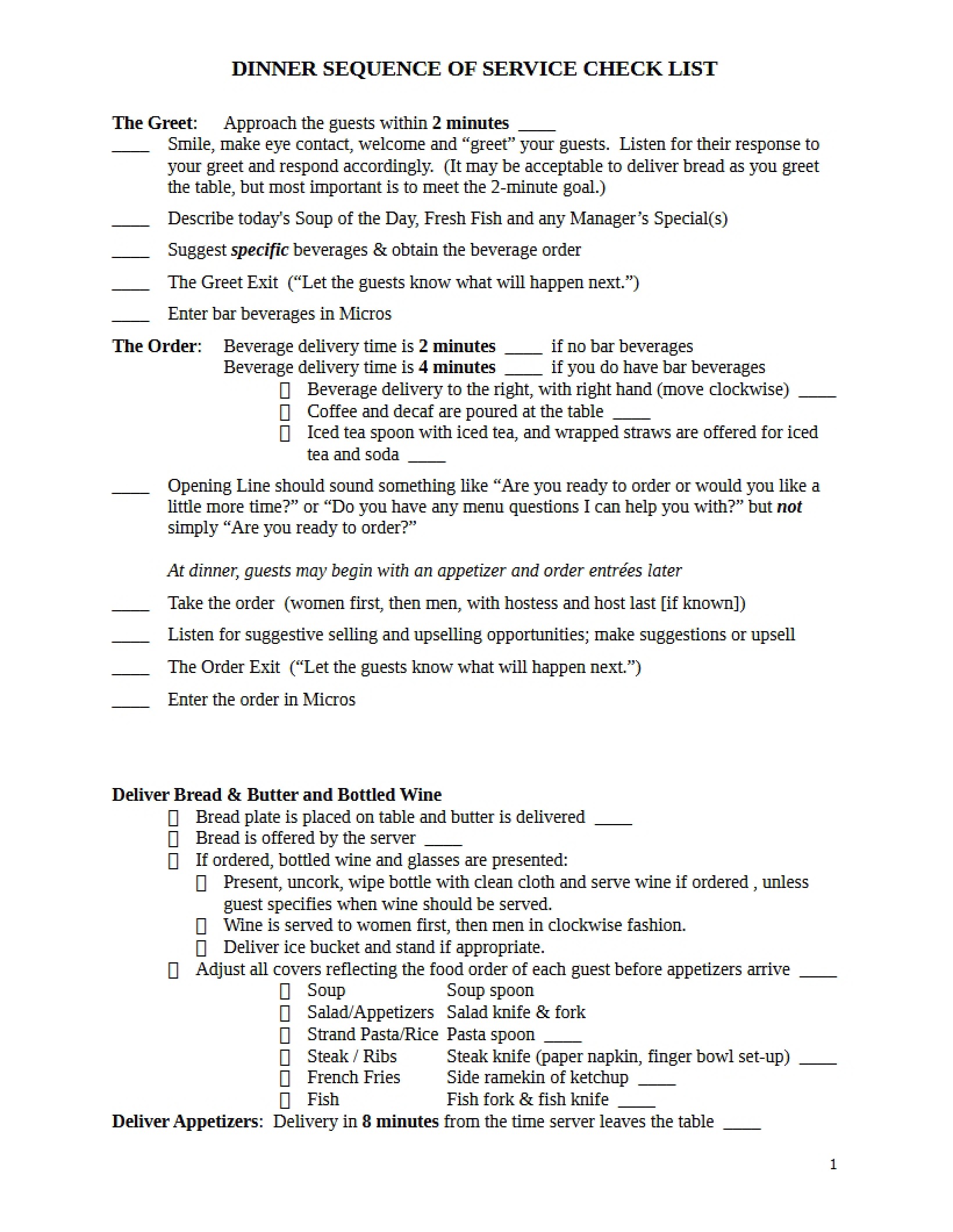 Checklist for Dinner Service Sequence