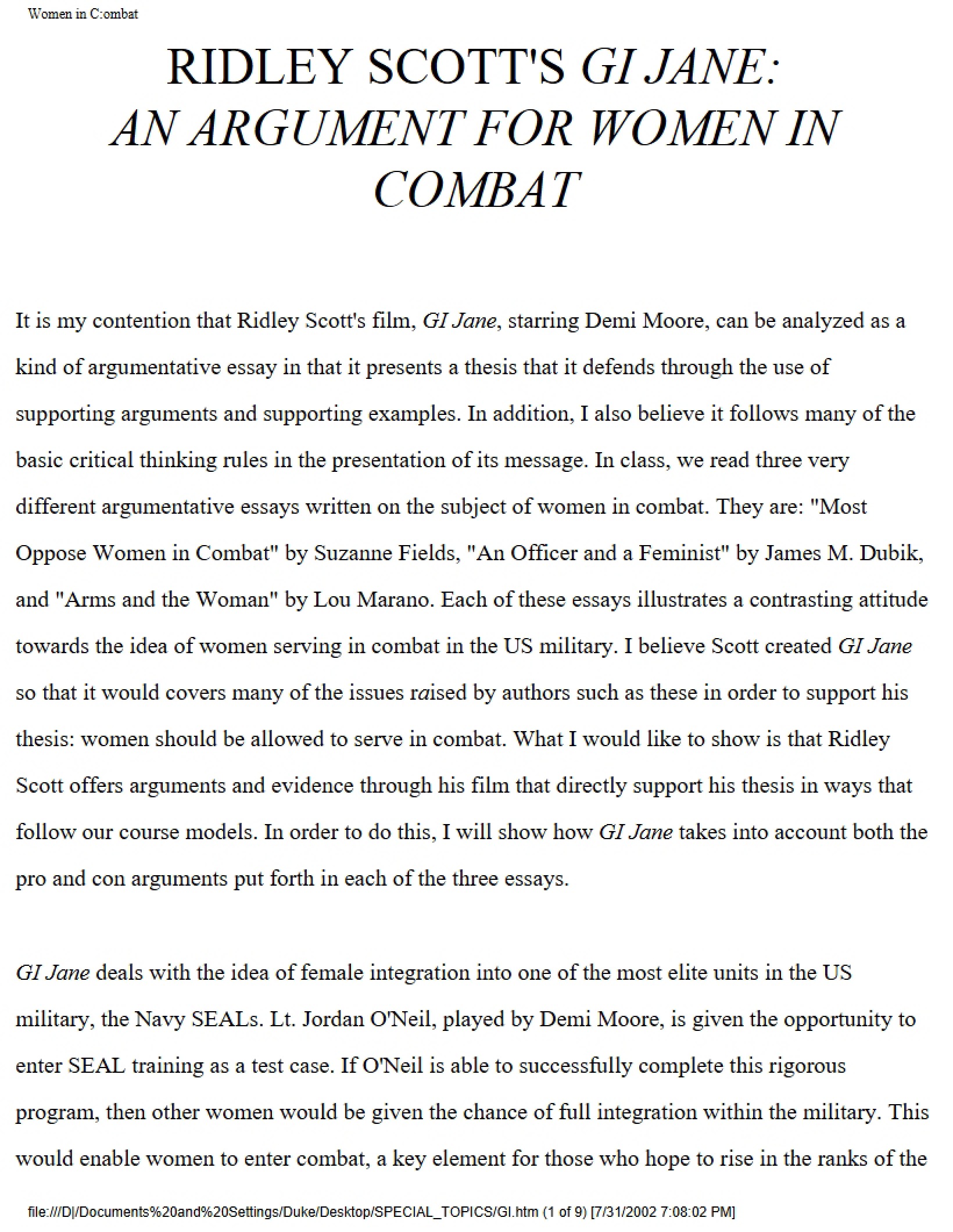 Women in Combat Argument