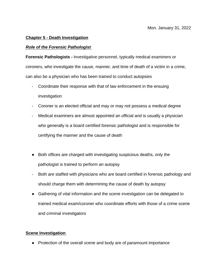 Notes on Death Investigation in Forensic Pathology