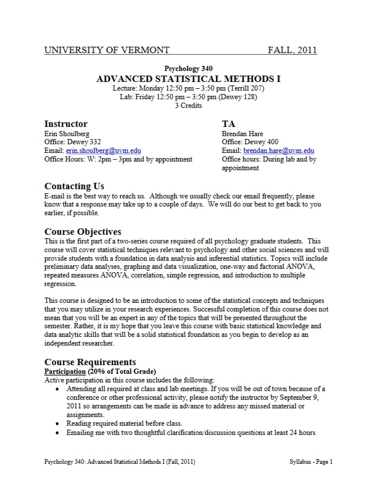 Advanced Stats I Syllabus