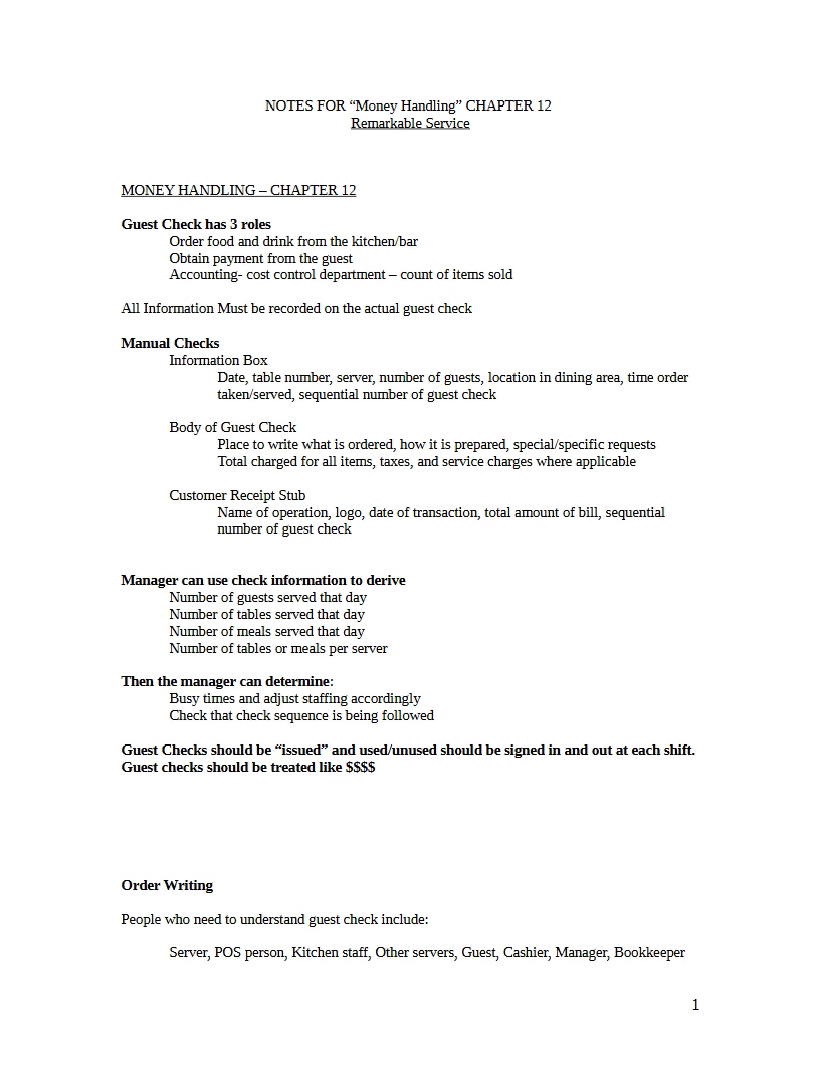 Money Handling Notes