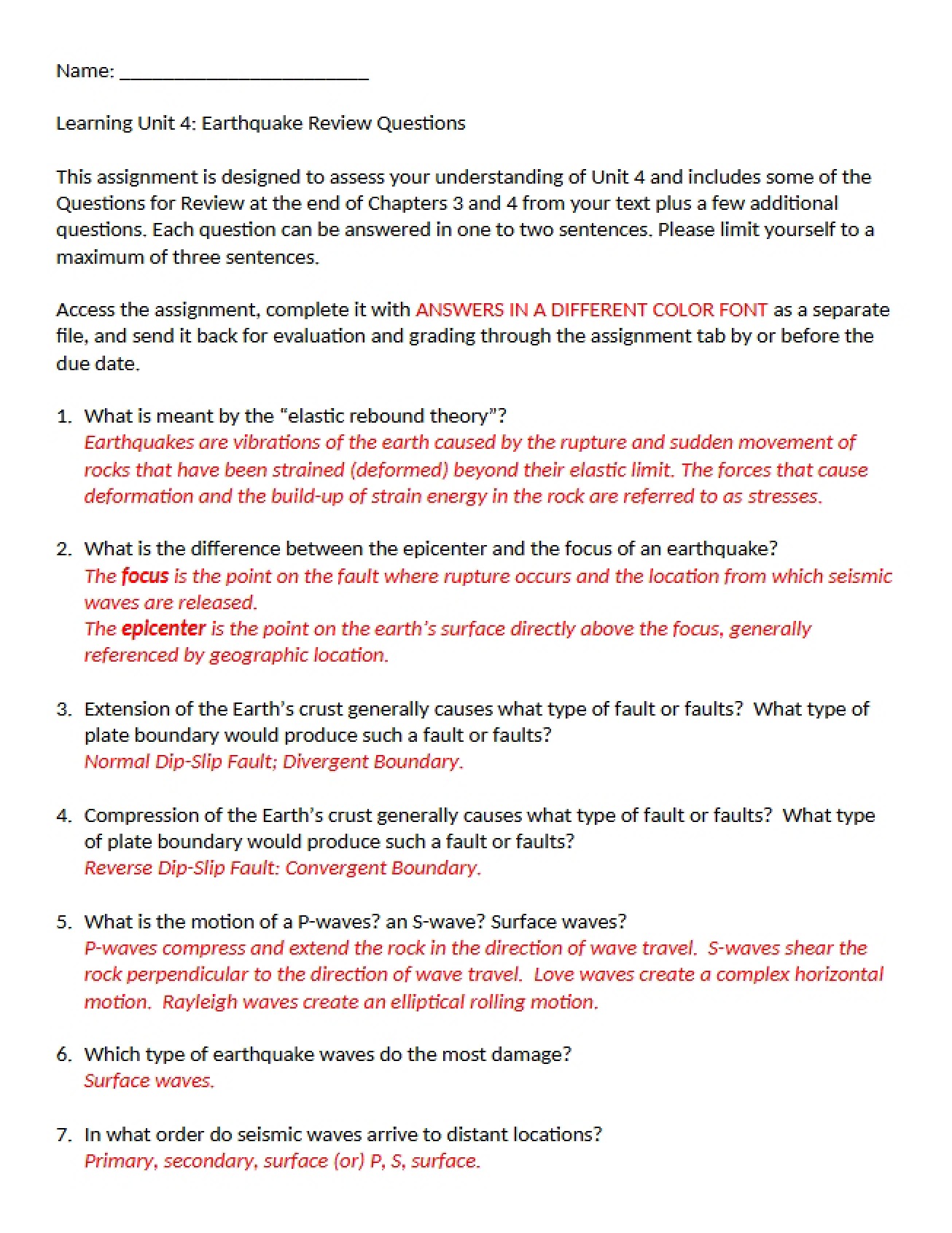 Key to Earthquake Review Answers