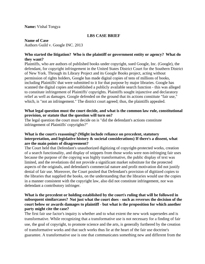 2013 LBS Case Brief - Authors Guild v. Google INC