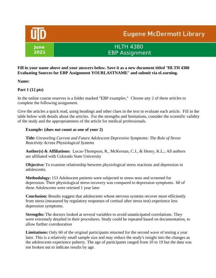EBP Assignment for HLTH 4380
