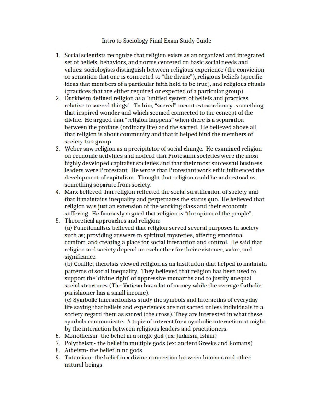 Comprehensive Study Guide for the Sociology Final