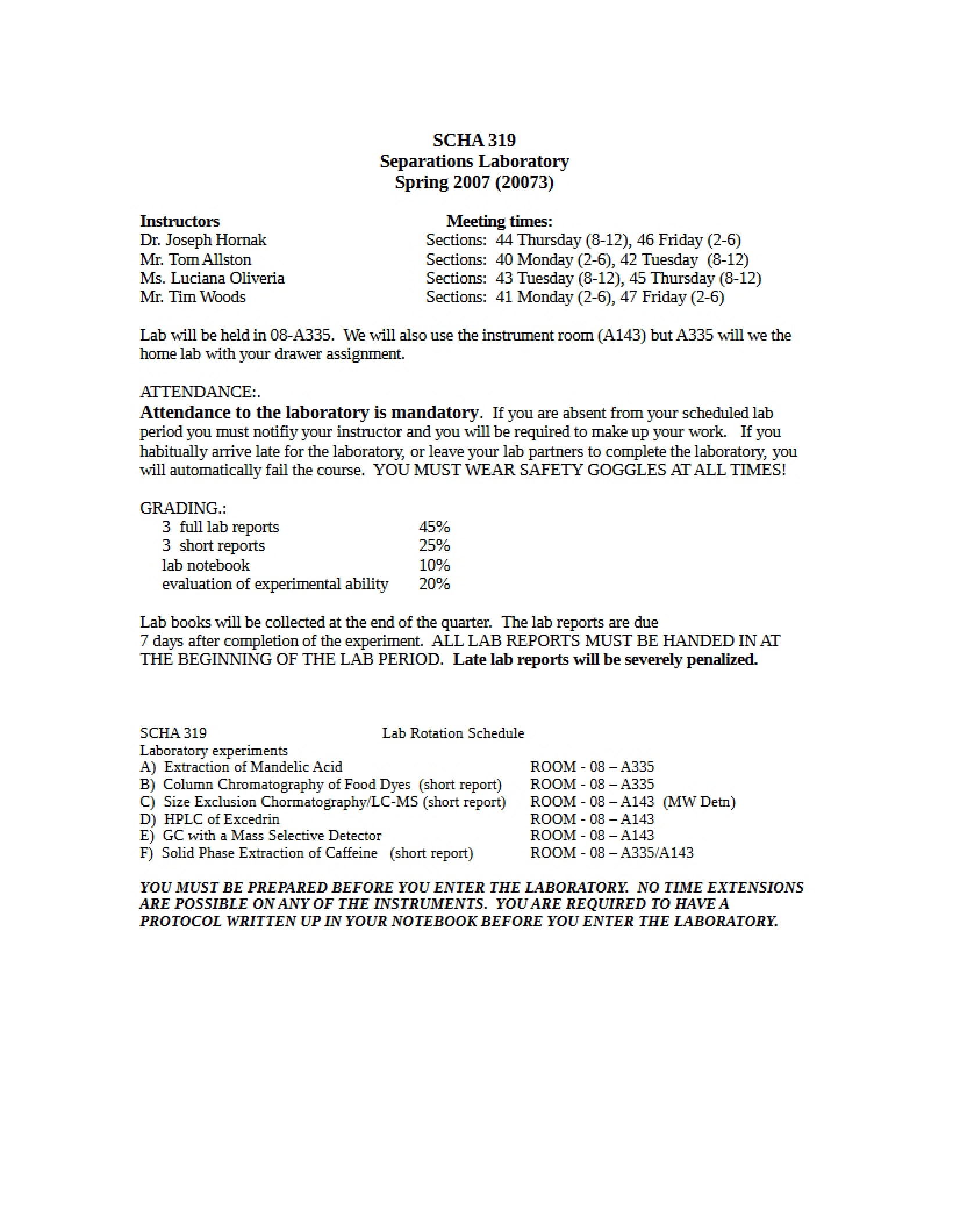 Class Syllabus for Chemical Separations