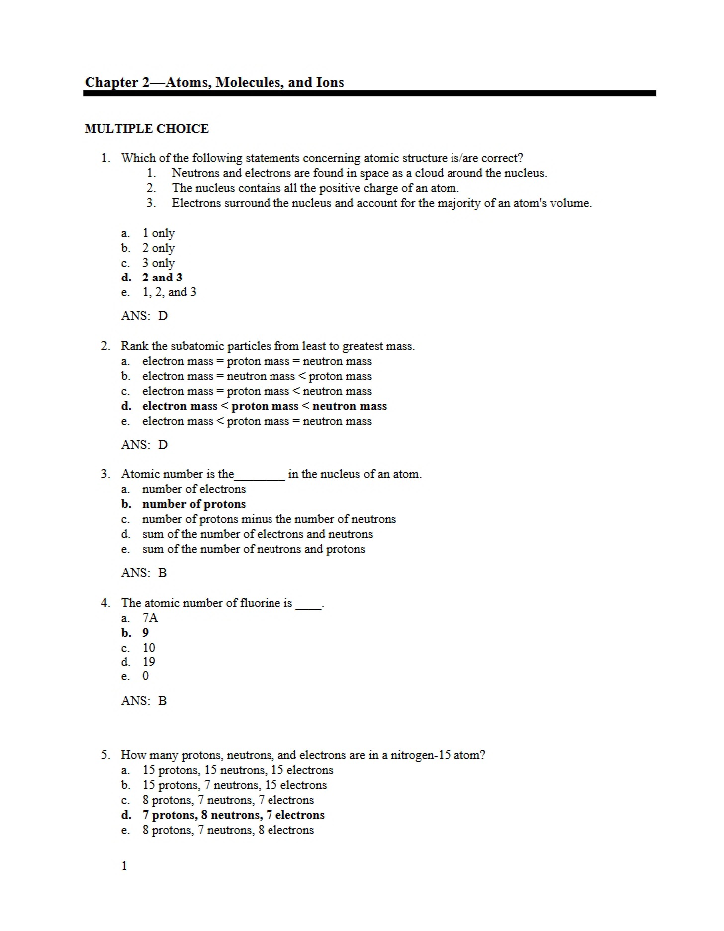 Atoms, Ions, and Molecules (Ch 2)