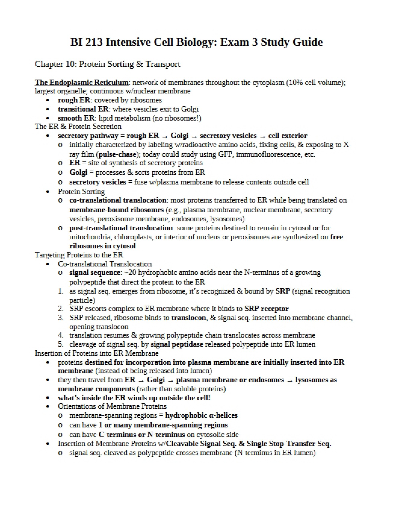 Third Exam Study Guide for Intensive Cell Biology