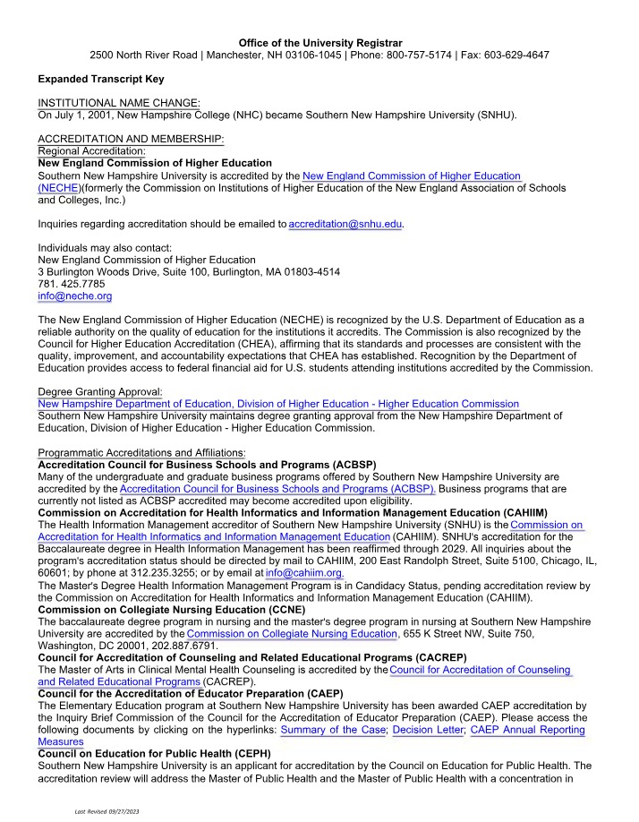 Southern New Hampshire University Programs and Accreditation