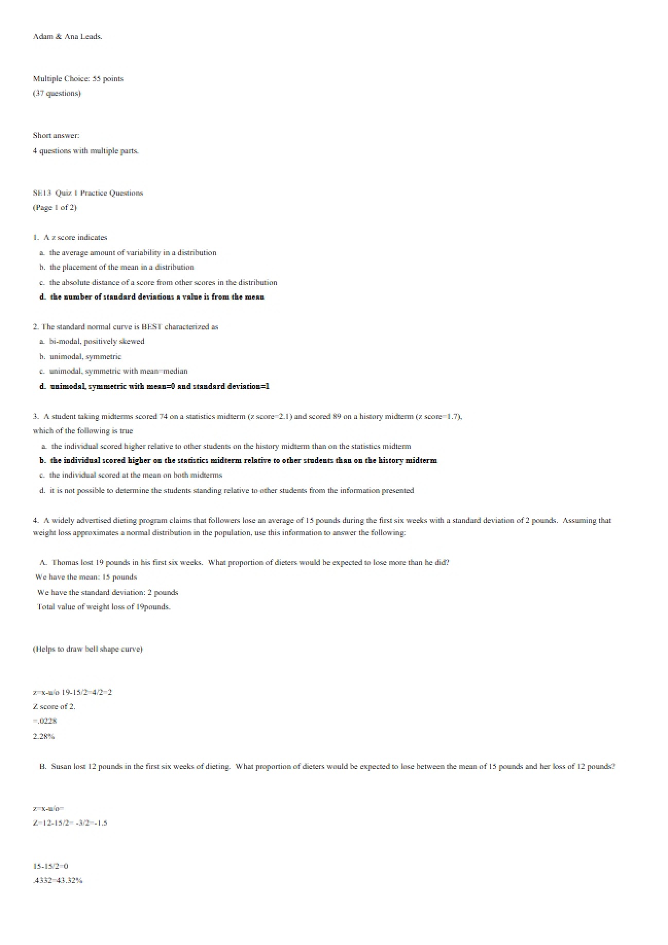 Practice Questions for SE13 Quiz One