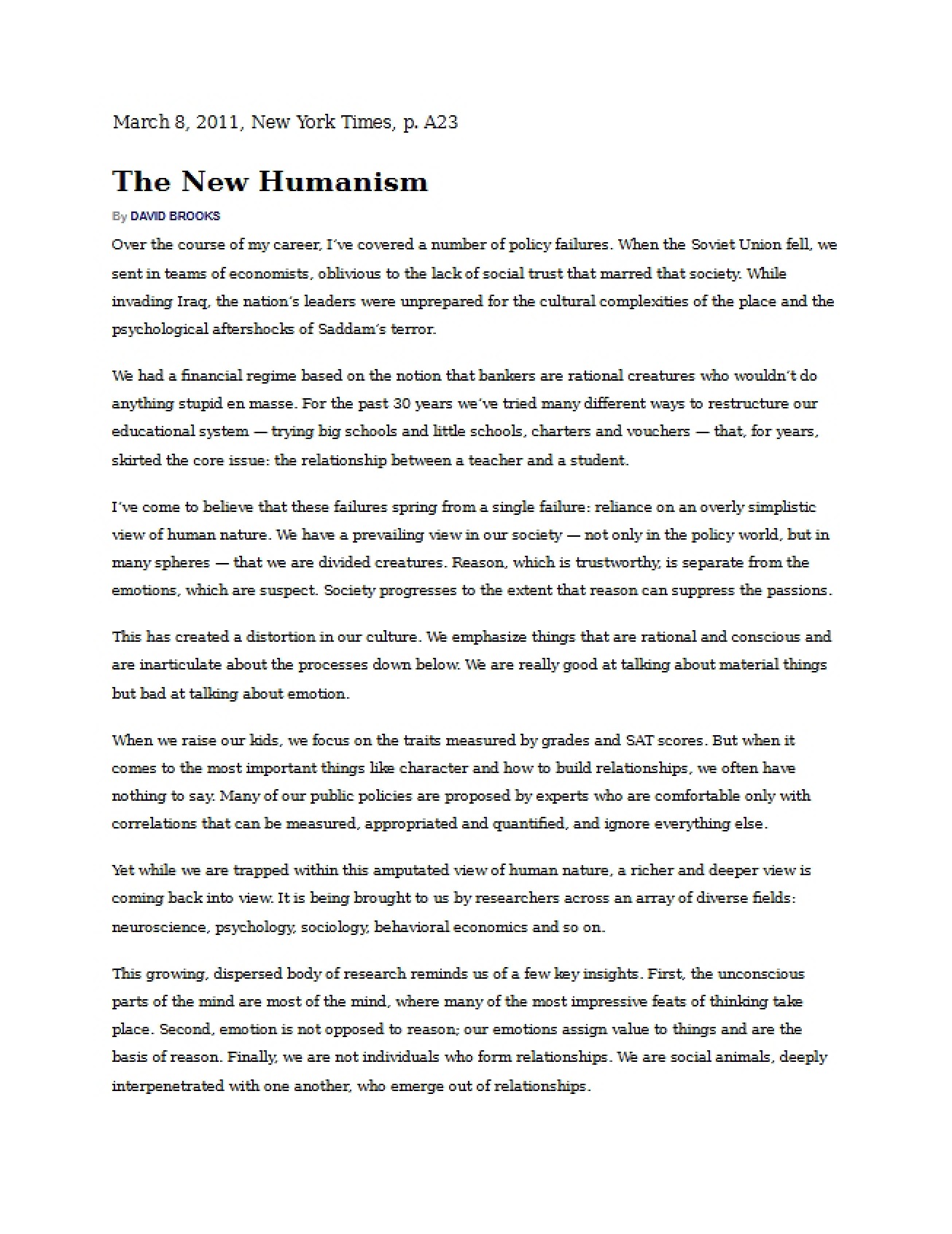 David Brooks, The New Humanism, March 8, 2011