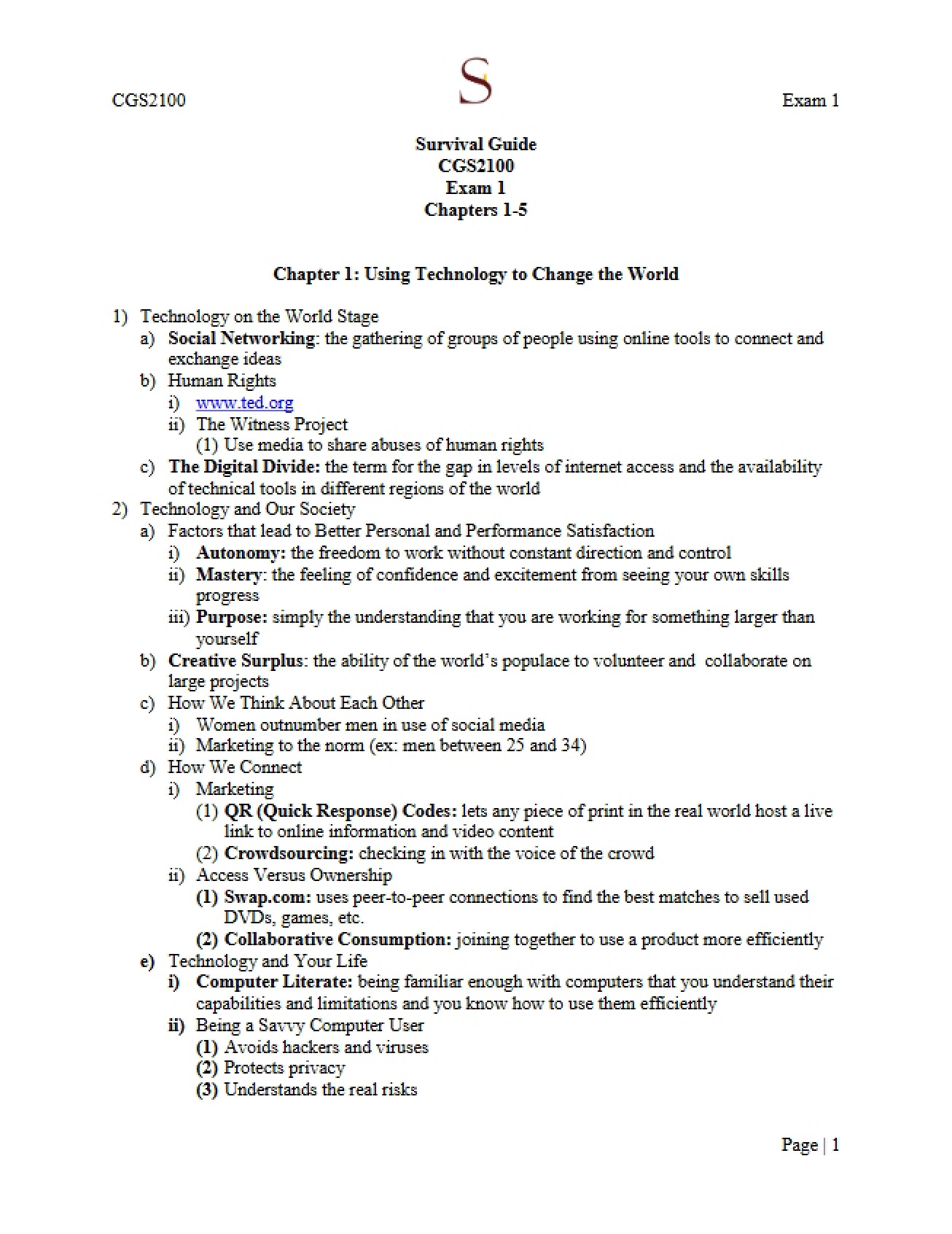 Study Guide for Exam One