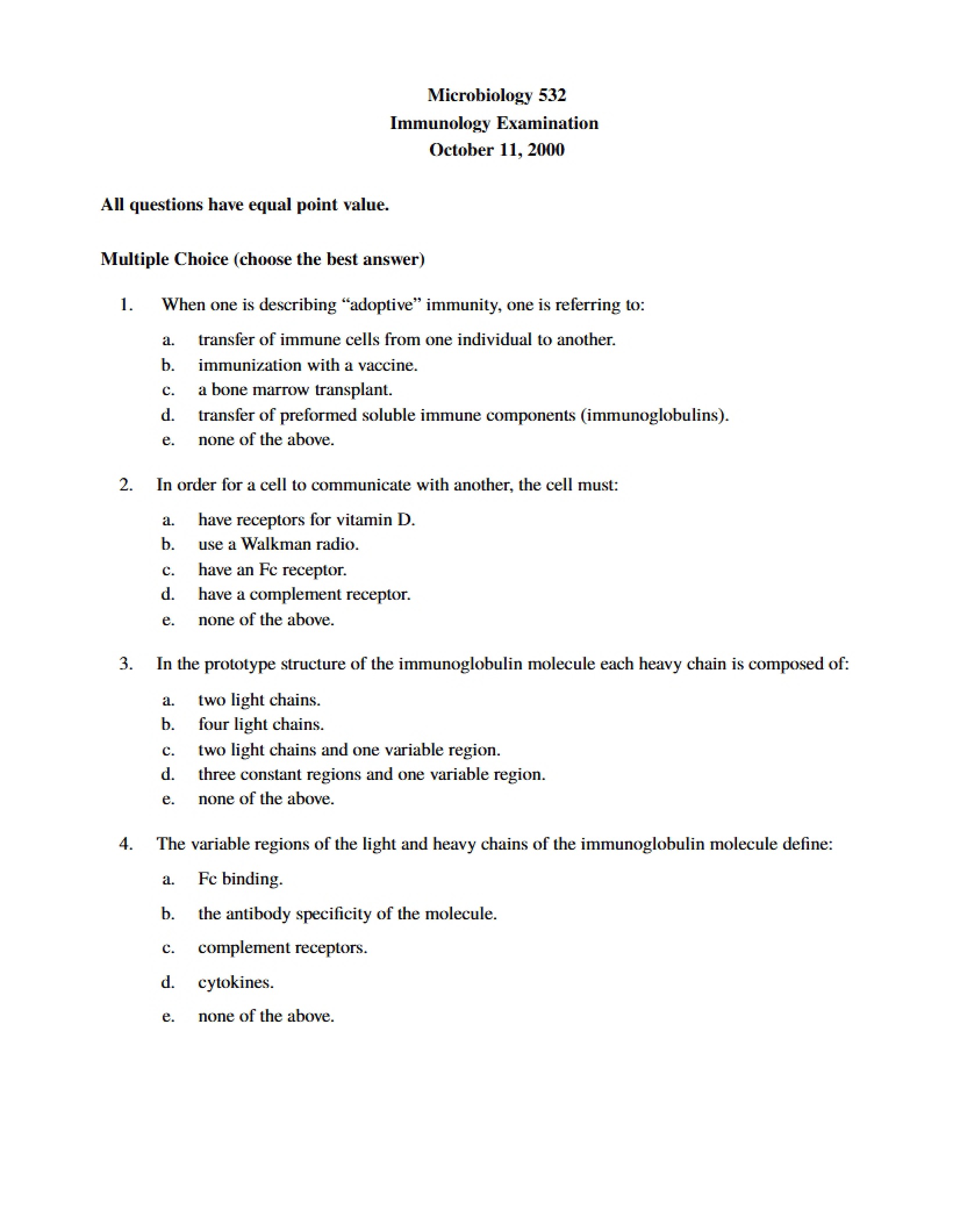 Exam Paper for Immunology