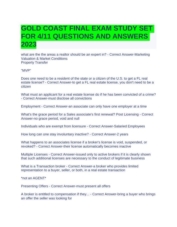 Gold Coast Final Exam Study Set (4-11)