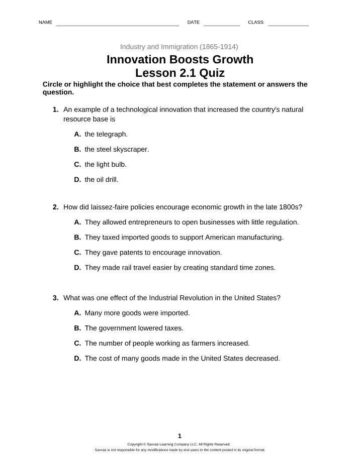 Lesson 2.1 Quiz - Innovation Boosts Growth