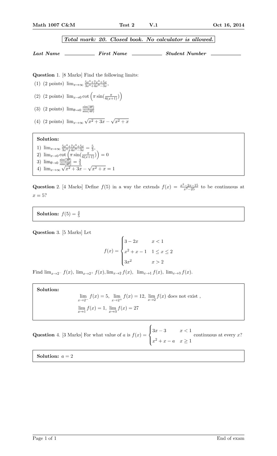 Solutions for Math 1007 C&M Test 2