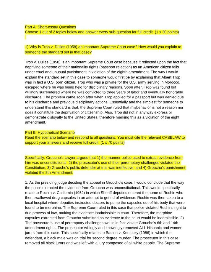 Case Analysis and Hypothetical Scenarios - Trop v. Dulles